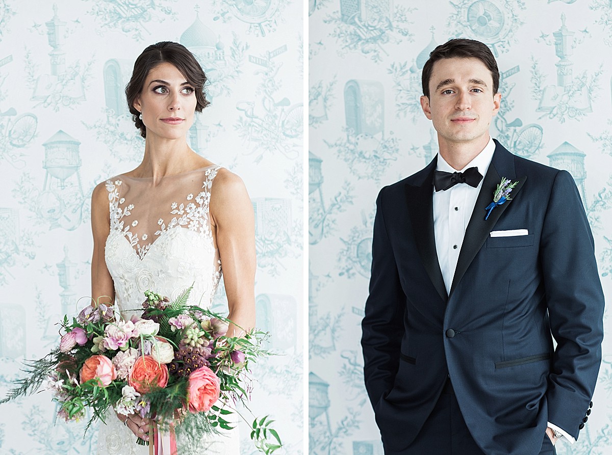 Wedding photos with Wythe Hotel wallpaper in Brooklyn, NY, by Clean Plate Pictures, Brooklyn Wedding Photographer